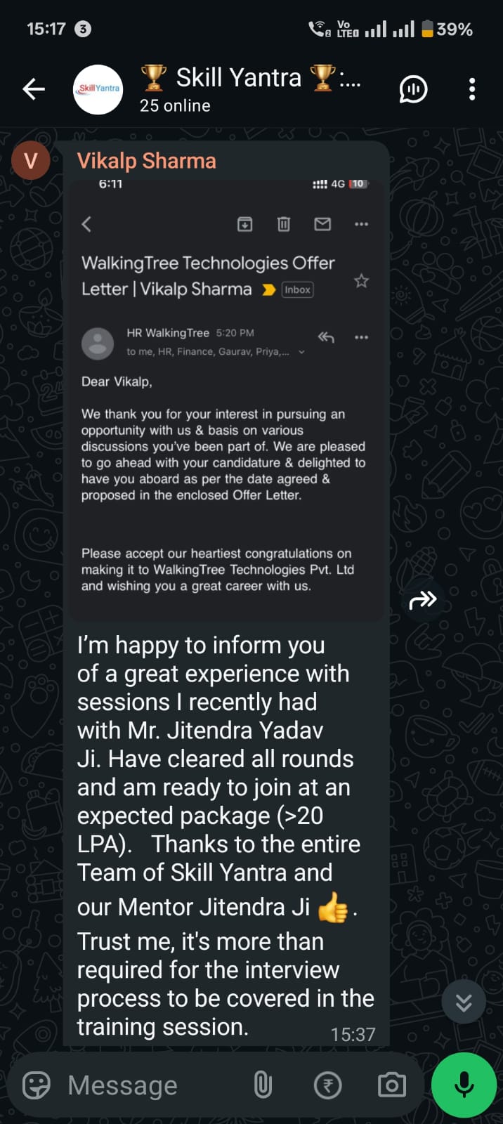 WhatsApp message from Vikalp Sharma about WalkingTree offer