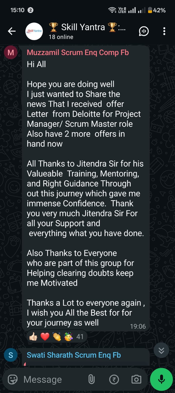 WhatsApp message from Muzammil about Deloitte offer
