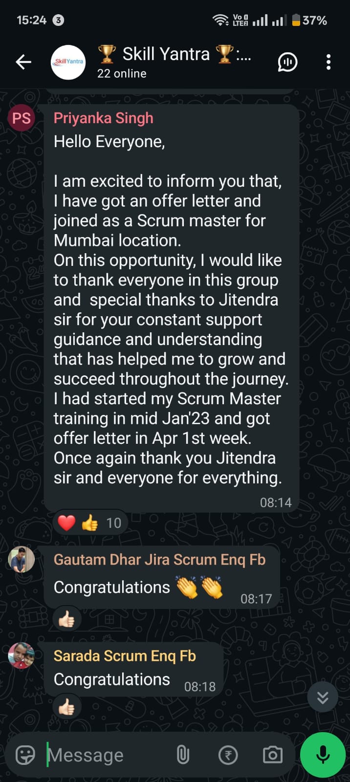 WhatsApp message from Priyanka Singh about Scrum Master offer in Mumbai