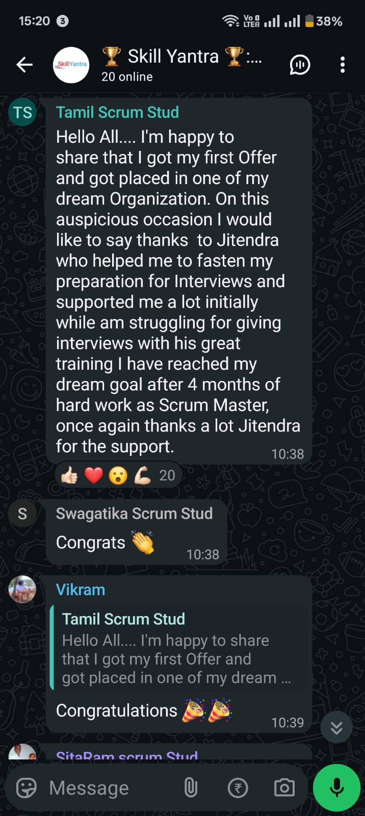 WhatsApp message from Tamil about first Scrum Master offer