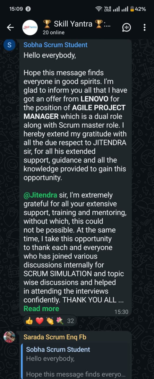 WhatsApp message from Sobha about Lenovo Agile Project Manager offer