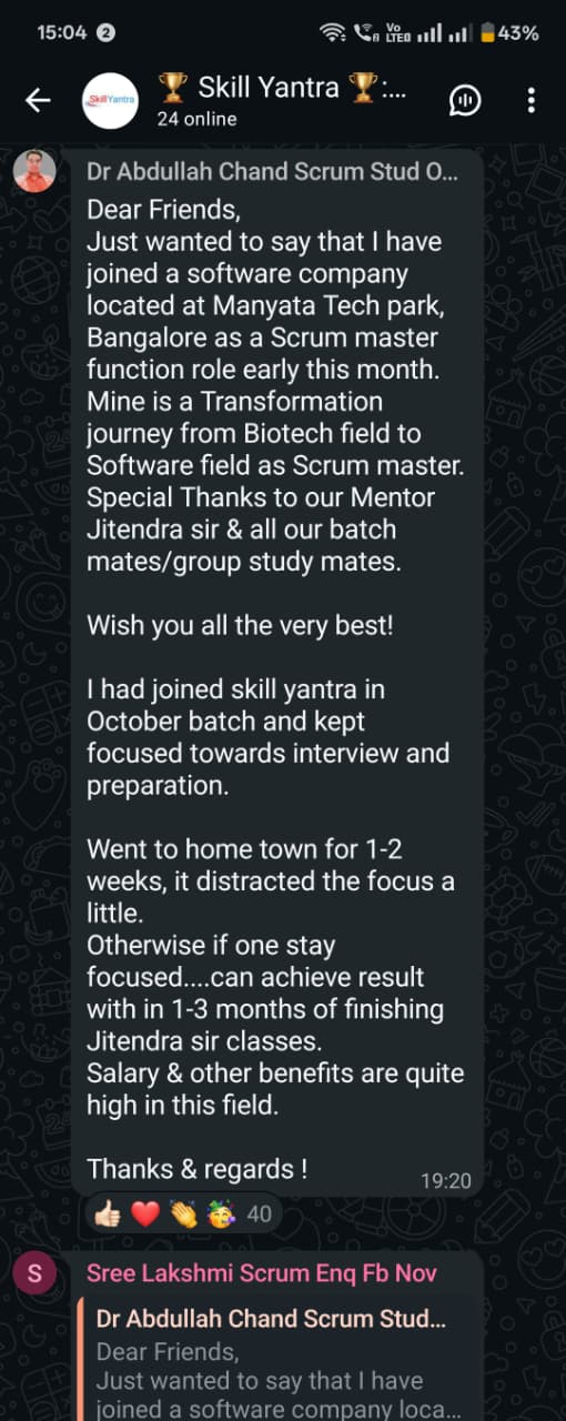 WhatsApp message from Dr Abdullah Chand about Bangalore MNC offer